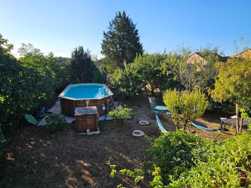 an aerial view of a backyard with a pool at Gîte à la campagne "Le Luquet" in Chazelles