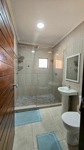 a bathroom with a shower and a toilet and a sink at Wave Dancer 2-Bedroom Apartment in St Lucia
