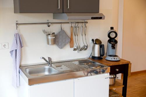 a kitchen with a sink and a stove and utensils at Boardinghouse Steinen in Steinen