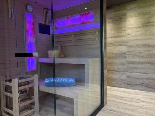 a shower in a room with a glass wall at Kaiser`s Holiday Home Apartments mit privater Sauna in Struppen