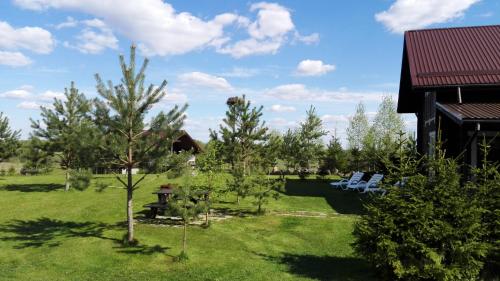 a view of a yard with trees and a house at Kliukai in Dubingiai