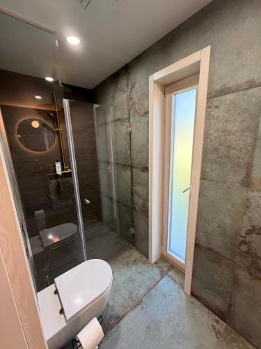 a bathroom with a toilet and a glass shower at Meža māja in Ģipka