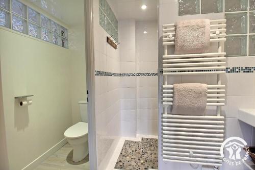 a bathroom with a toilet and a shower with towels at Clos des sentiles in Perros-Guirec