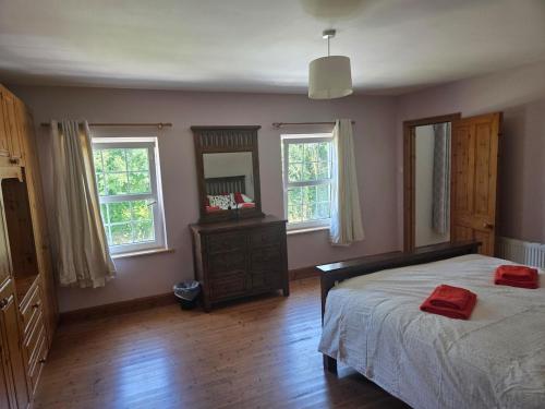 a bedroom with a bed and a dresser and windows at Lawnside Retreat in Mullinavat
