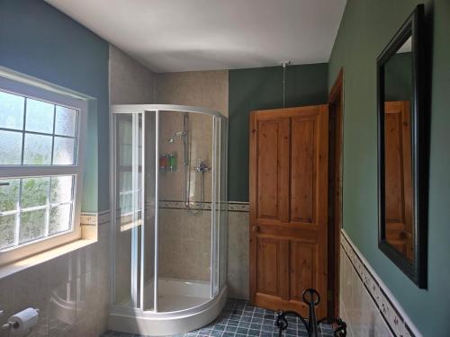 a bathroom with a shower with a glass door at Lawnside Retreat in Mullinavat