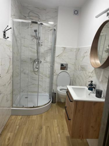a bathroom with a shower and a toilet and a sink at Perła Jezior in Ruciane-Nida