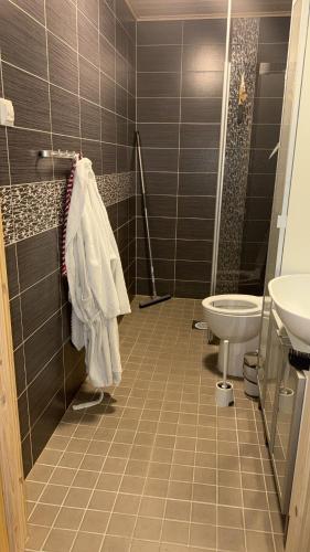 a bathroom with a shower and a toilet and a sink at Villa Lena in Kouvola