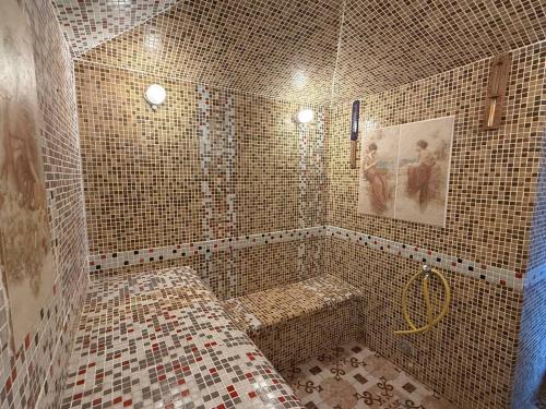 a bathroom with a shower with tiled walls and a shower at Cazare-LaBadeaMircea in Soroca