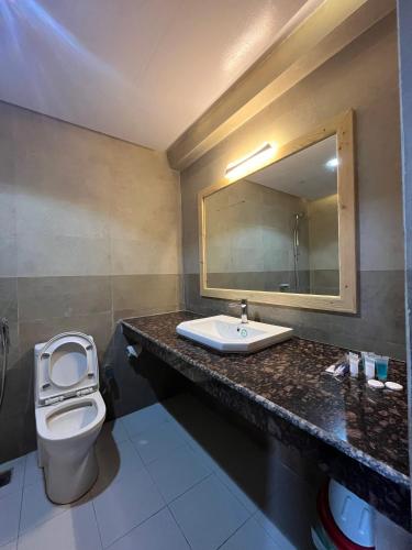 a bathroom with a toilet and a sink and a mirror at Landmark Diamond Hill in Panaoti