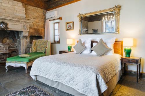 a bedroom with a bed with a mirror and a fireplace at Hôtel Les Deux Chèvres Gevrey-Chambertin in Gevrey-Chambertin