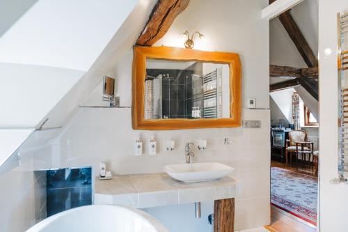 a bathroom with a sink and a mirror at Hôtel Les Deux Chèvres Gevrey-Chambertin in Gevrey-Chambertin
