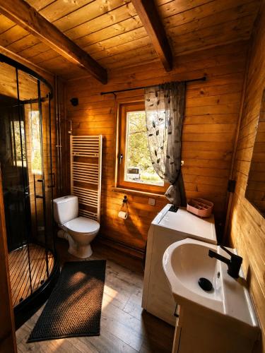 a wooden bathroom with a toilet and a sink at Chata Nikki in Vrbno pod Pradědem
