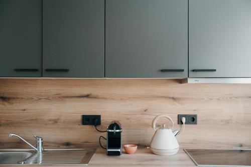 a kitchen counter with a sink and a tea kettle at The Haus HANS Nuremberg in Nuremberg