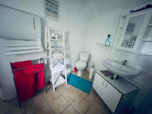 a bathroom with a toilet and a sink at Le refuge du templier in Plaisance