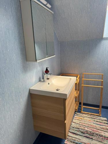 a bathroom with a sink and a mirror at The Hidden Sea View in Sønderborg