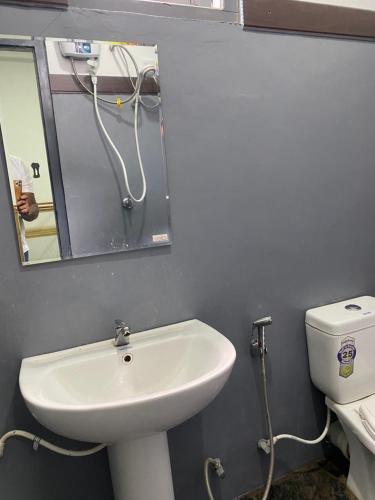 a bathroom with a sink and a mirror and a toilet at Grand Hotel Villa Ella in Bandarawela