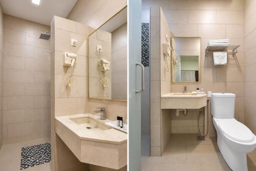 two pictures of a bathroom with a toilet and a sink at Swiss Heritage Boutique Hotel Jonker Street Melaka in Malacca