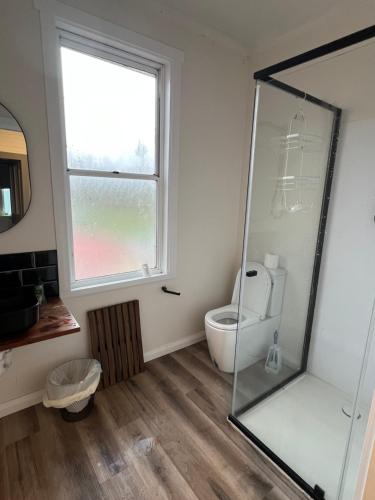a bathroom with a toilet and a window at Branxholm Hotel in Branxholm