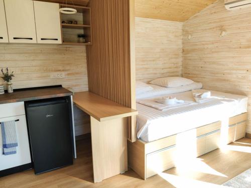 a small room with a bed and a desk at InPlai Cabins in Albestii de Arges