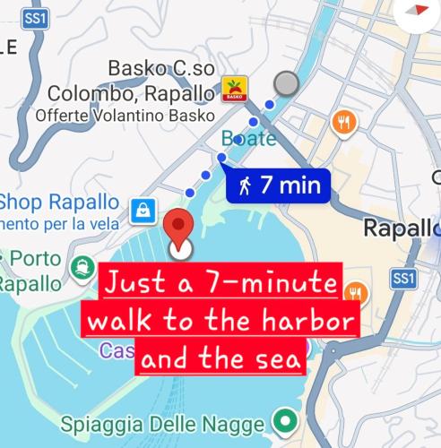 a map of just a minute walk to the harbor and thesea at L'Ancora in Rapallo