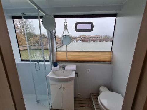 a bathroom with a sink and a toilet and a window at Hafensuite In Templin Uckermark in Templin