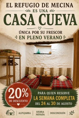 a poster for a hotel with a bed in a room at Apartamento El Refugio de Mecina in Mecina Fondales