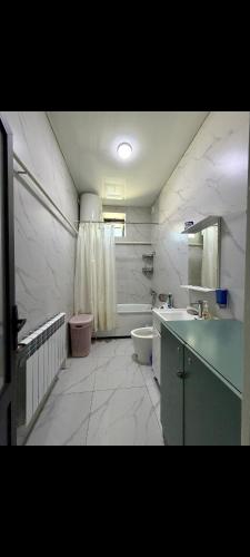 a bathroom with a sink and a toilet and a shower at Deutsch Hostel Osh in Osh