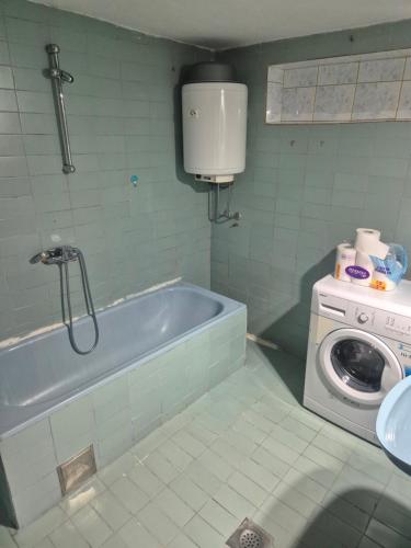 a bathroom with a bath tub and a washing machine at Lila apartments in Bijakovići