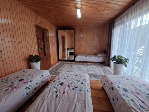 a room with two beds and a mirror in it at Oleksandria in Volovets