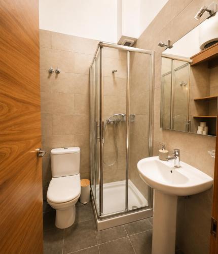 a bathroom with a shower and a toilet and a sink at Apartaments Sort Pirineus in Sort