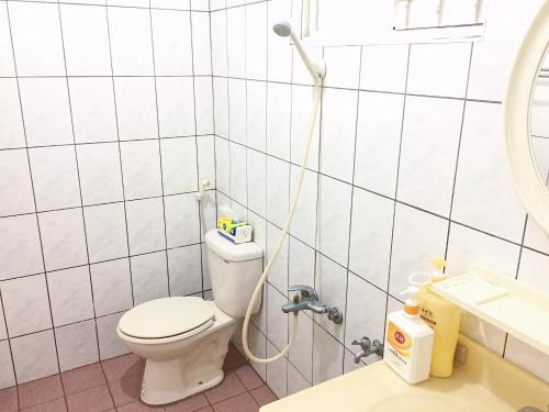 富里鄉的住宿－九岸清境民宿，白色的浴室设有卫生间和水槽。