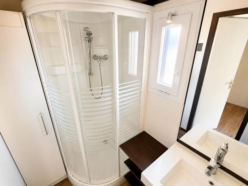 a white bathroom with a shower and a sink at Chalet Riviera in Autruy-sur-Juine