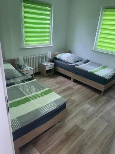 two beds in a room with two windows at Pension am Schottenring in Schotten