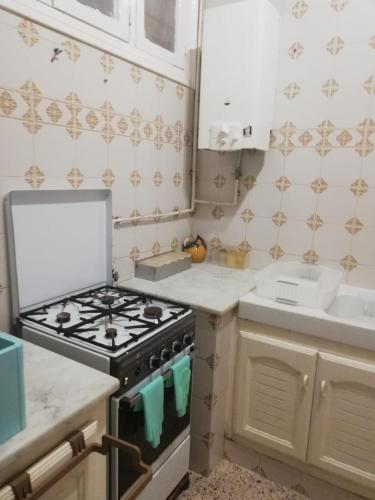 a small kitchen with a stove and a sink at Furnished accommodation S2 in Nabeul in Nabeul