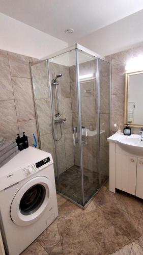 a shower with a washing machine in a bathroom at Lossi 32 Lux Apartment in Tartu