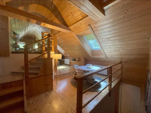 an overhead view of a wooden cabin with a spiral staircase at Chalet Notschkerl in Waasen