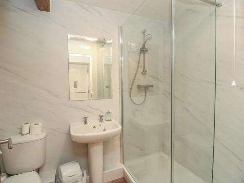 a bathroom with a shower and a toilet and a sink at Byre Cottage 3 in Pulborough