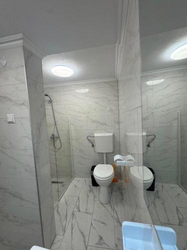 a bathroom with two toilets and a shower at Casa Crina in Băile Herculane