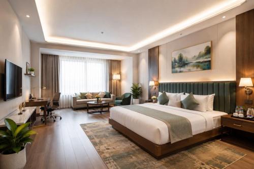 a hotel room with a bed and a living room at Airport Hotel Vella VILLA By Corporate Group Delhi IGI Airport Terminal 3 With Free Airport Pickup in New Delhi