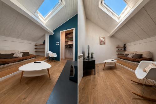 two photos of a living room and a loft at Petite maison dans le beaujolais in Les Olmes