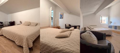 two pictures of a bedroom with two beds and a living room at Petite maison dans le beaujolais in Les Olmes