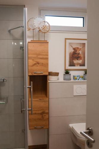 a bathroom with a shower and a toilet and a sink at Feines Feriendomizil Waldzauber 2 Horhausen Westerwald in Horhausen