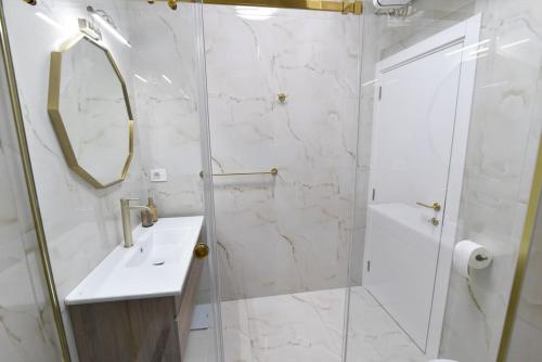 a bathroom with a shower and a sink and a mirror at Dream Palace 1 in Belgrade