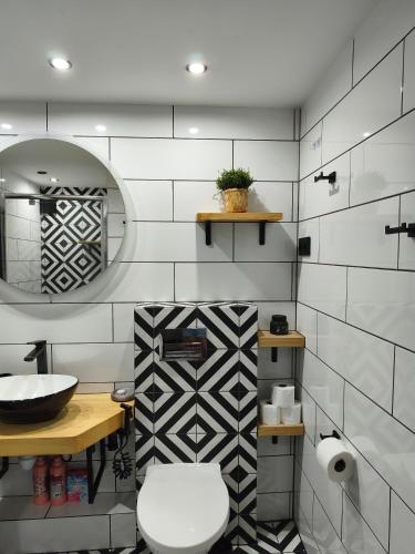a bathroom with a toilet and a sink and a mirror at Beskidzka Guest House in Szczyrk