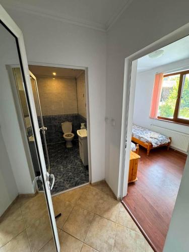 a room with a bathroom with a toilet and a sink at Guest House Chala in Chala