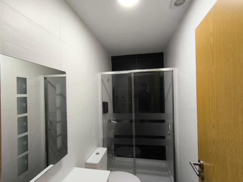 a bathroom with a glass shower and a toilet at Casa Stone in Guarda