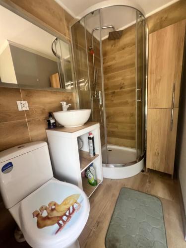 a bathroom with a toilet and a sink and a shower at Louis Apartaments Kostrzyn in Kostrzyn nad Odrą