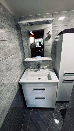 a bathroom with a white sink and a mirror at Chata u Zajpta in Ústí nad Labem