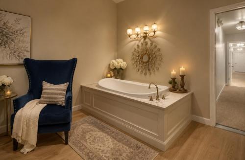 a bathroom with a tub and a chair and candles at Historic Mansion-King Suite-The Royal Crown in Fort Smith