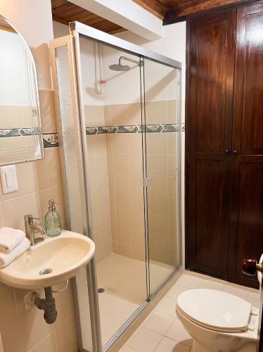 a bathroom with a shower and a toilet and a sink at HOTEL BOUTIQUE SONNE BALOP Valledupar in Valledupar